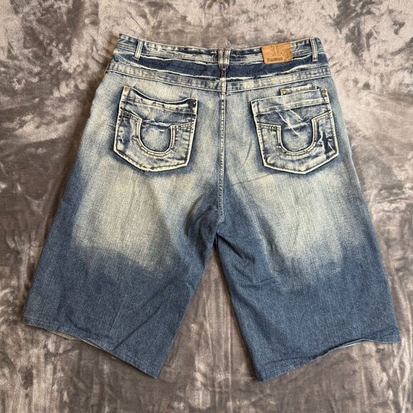 Vintage Y2K RoadBlock Jean Faded Dark Washed Wide Shorts Jorts Size 44 - Picture 7 of 7